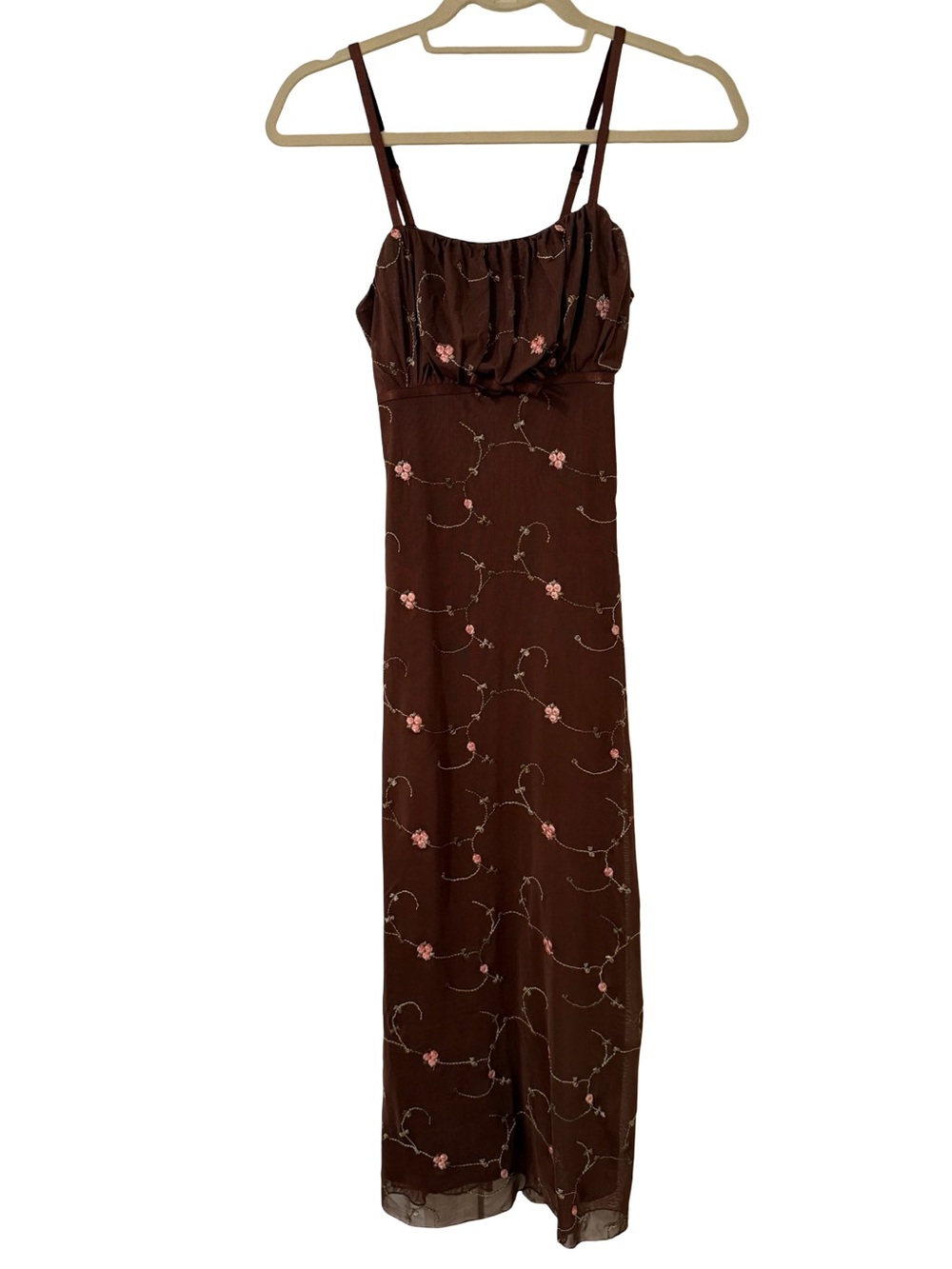 Floral Embroidered Bow Front Midi Dress Brown Pink NWT